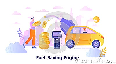 Male character is using car with fuel saving engine Vector Illustration