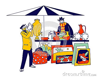 Male Character Visiting Flea Market or Garage Sale Choose Vintage Teapot for Buying Vector Illustration