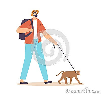 Male Character Walking with Monkey on Leash. Traveler or Tourist with Backpack and Ape Pet Isolated on White Background Vector Illustration
