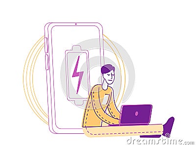 Male Character Working on Laptop Sitting at Huge Smartphone Charging with Wireless Charger Vector Illustration