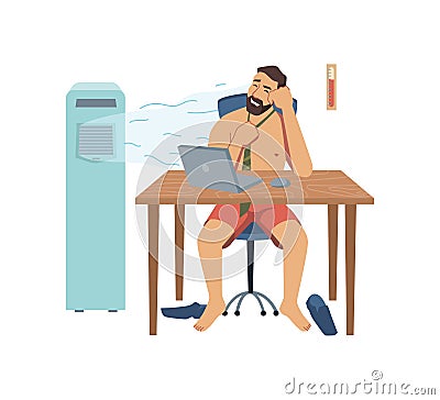 Undressed man working in heat office with fan Vector Illustration