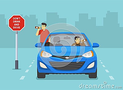 Male characters drinking alcohol while driving a blue car on road with 