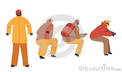 Male Characters In Snowmobile Driving Attire. Insulated Waterproof Jacket, Thermal Pants, Warm Gloves, Snow Boots Vector Illustration