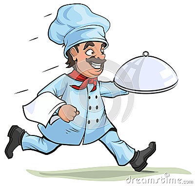 Male chef carries finished dish on platter Vector Illustration