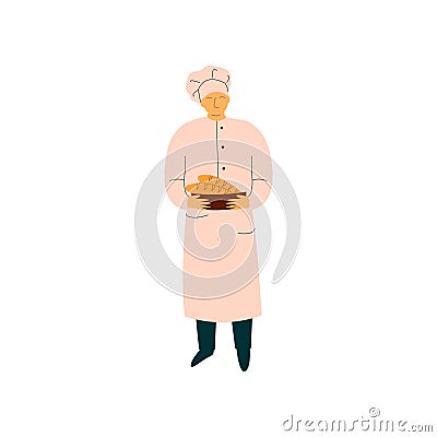 Male Chef Holding Freshly Baked French Baguettes, Professional Baker Character in Uniform Vector Illustration Vector Illustration