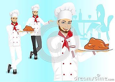 Male chef holding a tray with christmas roasted turkey Vector Illustration