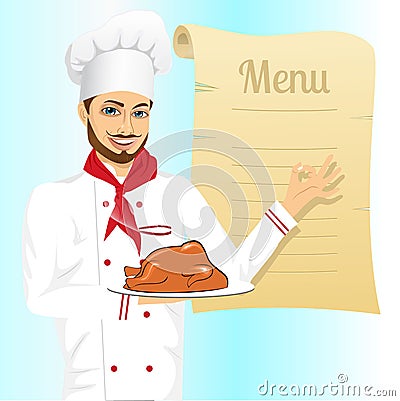 Male chef holding a tray with christmas roasted turkey Vector Illustration