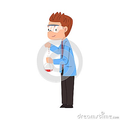 Male Chemist Scientist, Student Character in Lab Coat and Glasses Doing Researching Experiment in Laboratory Cartoon Vector Illustration