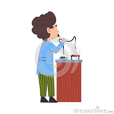 Male Chemist Scientist Working with Lab Equipment, Student Character Doing Researching Experiment in Laboratory Cartoon Vector Illustration