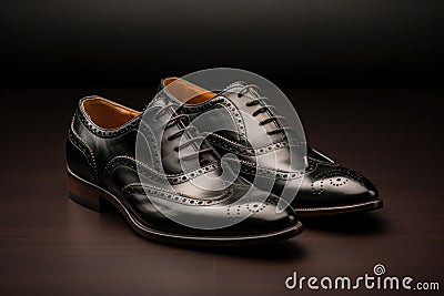Male classic shoes on dark background. Generative AI Stock Photo