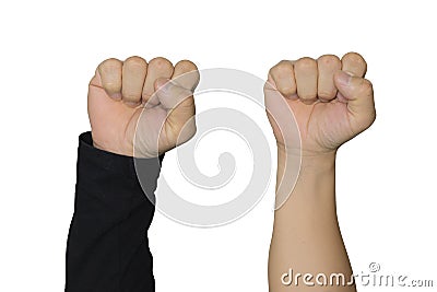 Male clenched fist. Right female hand fist Stock Photo