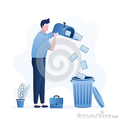 Male clerk throws letters into trash can. Funny businessman deletes spam or read mail from mailbox. File manager, deleting Vector Illustration