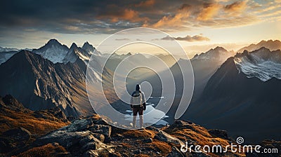 A male climber stands with his back on the top and looks at the mountains. The theme of victory and overcoming your fears Stock Photo