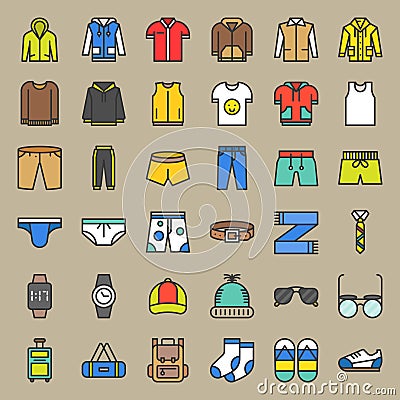 Male clothes and accessories filled outline icon set 2 Vector Illustration