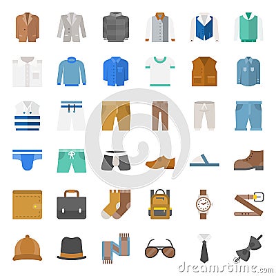 Male clothes and accessories flat icon set 1 Vector Illustration