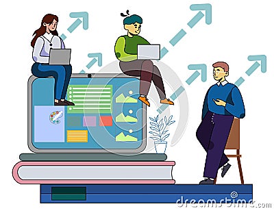 Coacher and Students on Training Lesson Cartoon Vector Illustration