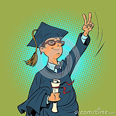 male college or university graduate, a winning gesture. Knowledge and science Vector Illustration