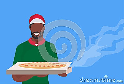 Male cook chef holding box with hot traditional pizza african american man in uniform food cooking concept restaurant Vector Illustration