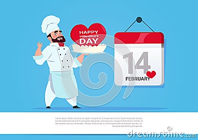 Male Cook Holding Cake For Happy Valentines Day Celebration 14 February Love Holiday Concept Vector Illustration