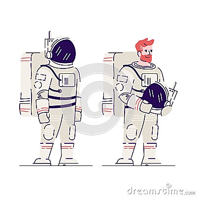 Male cosmonaut with helmet flat vector illustration. Smiling red-haired astronaut, space explorer holding helmet Vector Illustration