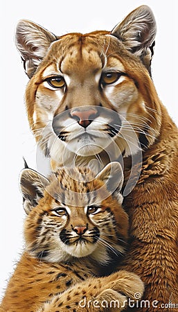Male cougar and cub portrait with a spacious area on the left ideal for text accompaniment Stock Photo