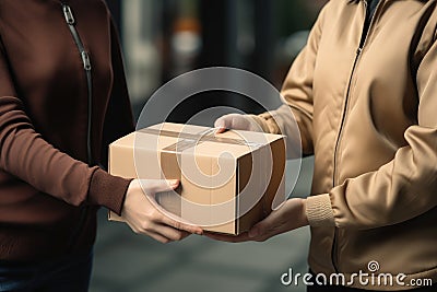 A male courier hands a package box. Connection between businesses and customers, embodying the reliability crucial for a smooth Stock Photo