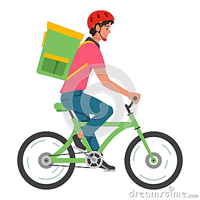 Male courier riding on bike vector flat illustration. Delivery man backpacker supply shipping Vector Illustration