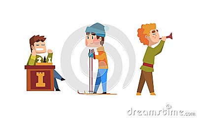 Male Creative Occupation Set, Chess Player, Skier, Musician Cartoon Style Vector Illustration Vector Illustration