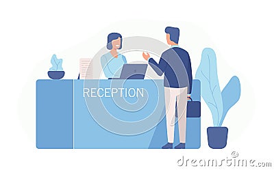 Male customer standing at reception desk and talking to female receptionist. Scene of visit to service center isolated Vector Illustration