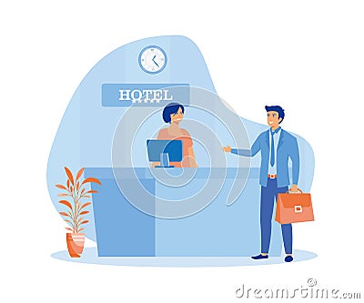 Male customer standing at reception desk and talking to female receptionist. Vector Illustration