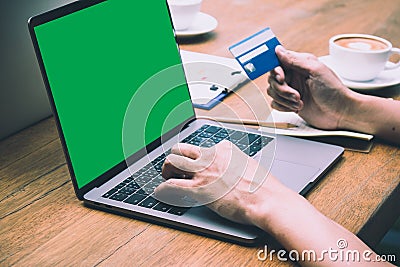 Male customer use credit card to pay the purchase item from online shop Stock Photo