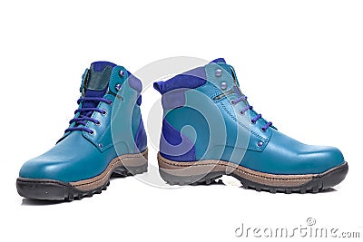 Male cyan leather shoes on white background, isolated product, top view. Stock Photo