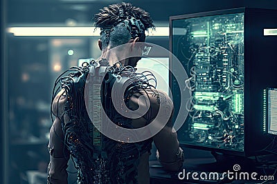 Male cyborg hacker hacks into a computer with a database. The concept of the future of cyber security Stock Photo