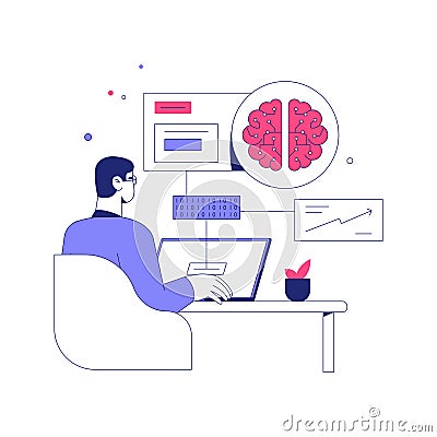 Male Data Scientist Analyzing Brain Mapping Data On Laptop In Flat Vector Illustration Symbolizing Artificial Vector Illustration