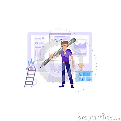 A male designer carries on his shoulders a huge stylus against a monitor. Vector Illustration