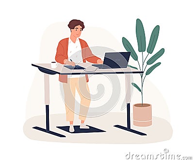 Male designer working at modern ergonomic workplace vector flat illustration. Smiling man standing behind innovative Vector Illustration