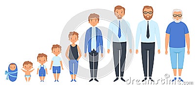 Male different ages. Newborn teenage boy man person old grandfather adult peoples vector clipart isolated Vector Illustration