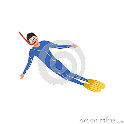 Male diver with a scuba diving suit and flippers, water sport activity vector Illustration on a white background Vector Illustration