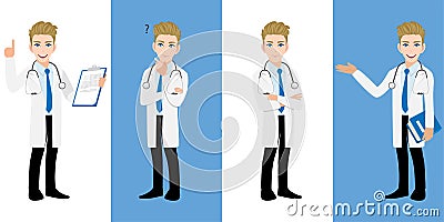 Male doctor cartoon character set, Handsame man doctor in different poses, medical worker or hospital staff vector Vector Illustration