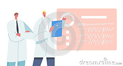 Male Doctor Characters Learn Brain Electroencephalography on Display. Anatomical Knowledge Science of Brain Diseases Vector Illustration