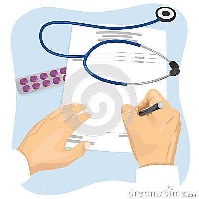 Male doctor filling in empty medical prescription Vector Illustration