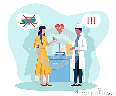 Male doctor gives prescription medicine to a woman with anorexia Vector Illustration