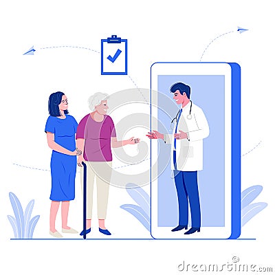 Male doctor giving advice to older patient via mobile application on smartphone. Vector Illustration