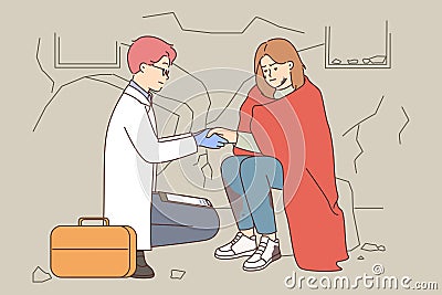 Male doctor help woman after natural disaster Vector Illustration