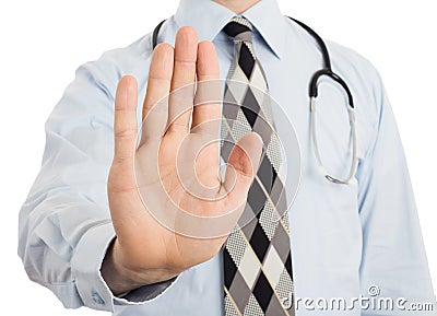 Male doctor holding up his hand in a Halt or Stop gesture Stock Photo