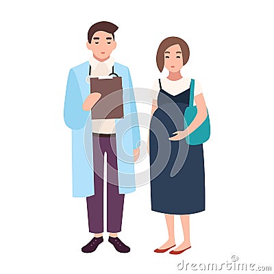 Male doctor, medical adviser, obstetrician or gynecologist and pregnant woman or female patient. Visit to clinic or Vector Illustration