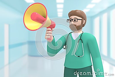 Male doctor in medical interior hospital is shouting, shouting, speaking megaphone, attention, warning. Cartoon person. 3D Stock Photo