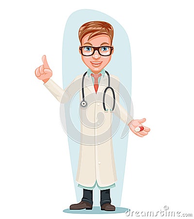 Male Doctor with Pill Medicine Hand Quality Treatment Forefinger up Cartoon Character Design Vector Illustration Vector Illustration