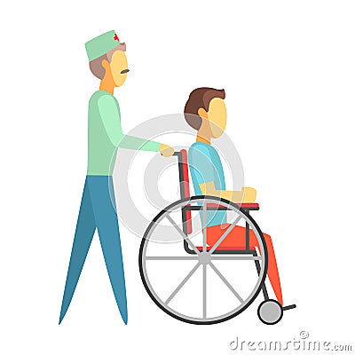 Male doctor pushing disabled man sitting on wheelchair. Colorful cartoon characters Vector Illustration