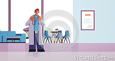 Male doctor standing in contemporary clinic hall medicine healthcare concept modern hospital interior worker with Vector Illustration